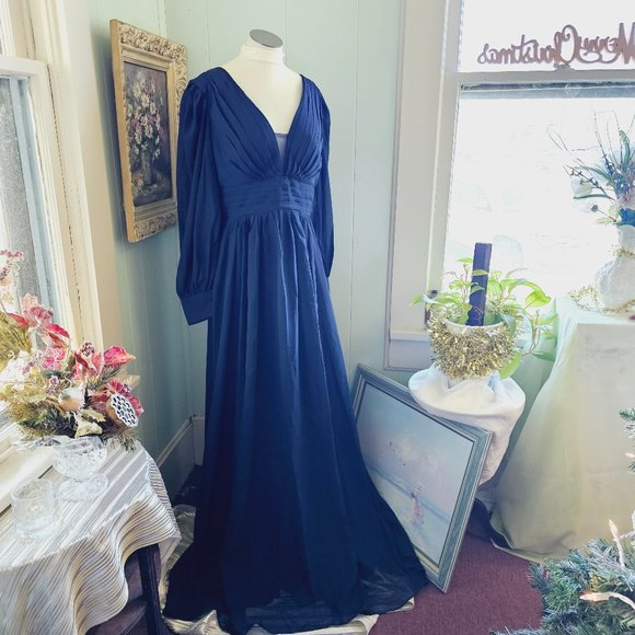 Navy Blue Chiffon Formal Dress, Wedding, Prom, Bridesmaid, Party, Evening, Opera - Picture 1 of 16